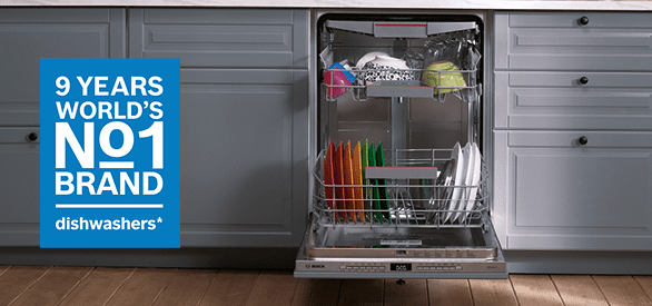 Image of a Bosch dishwasher with the door open. Inside the dishwasher you can see brightly coloured dishes. On the image there is a text box which says "9 years world's No.1 brand dishwashers"