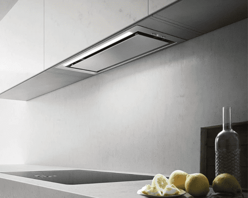 Close up of an Elica canopy hood finished in silver