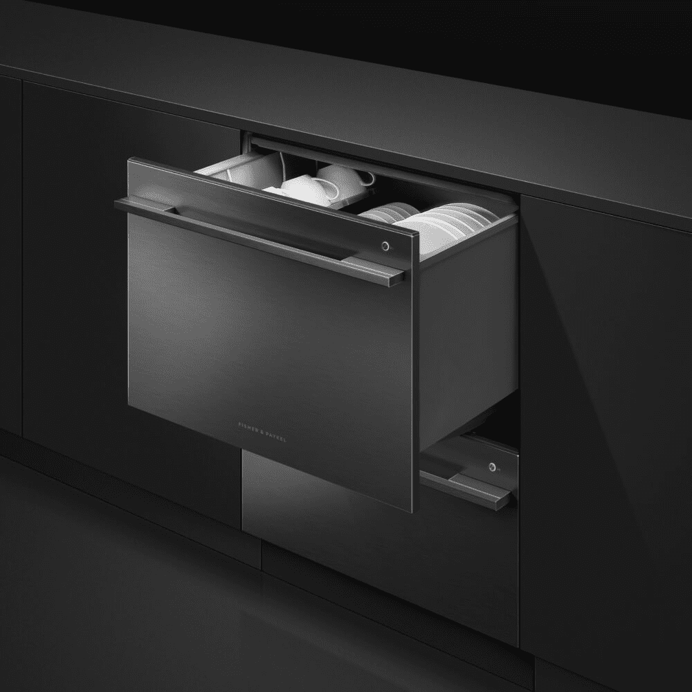 Close up ambient image of a Fisher & Paykel DishDrawer in Black Steel
