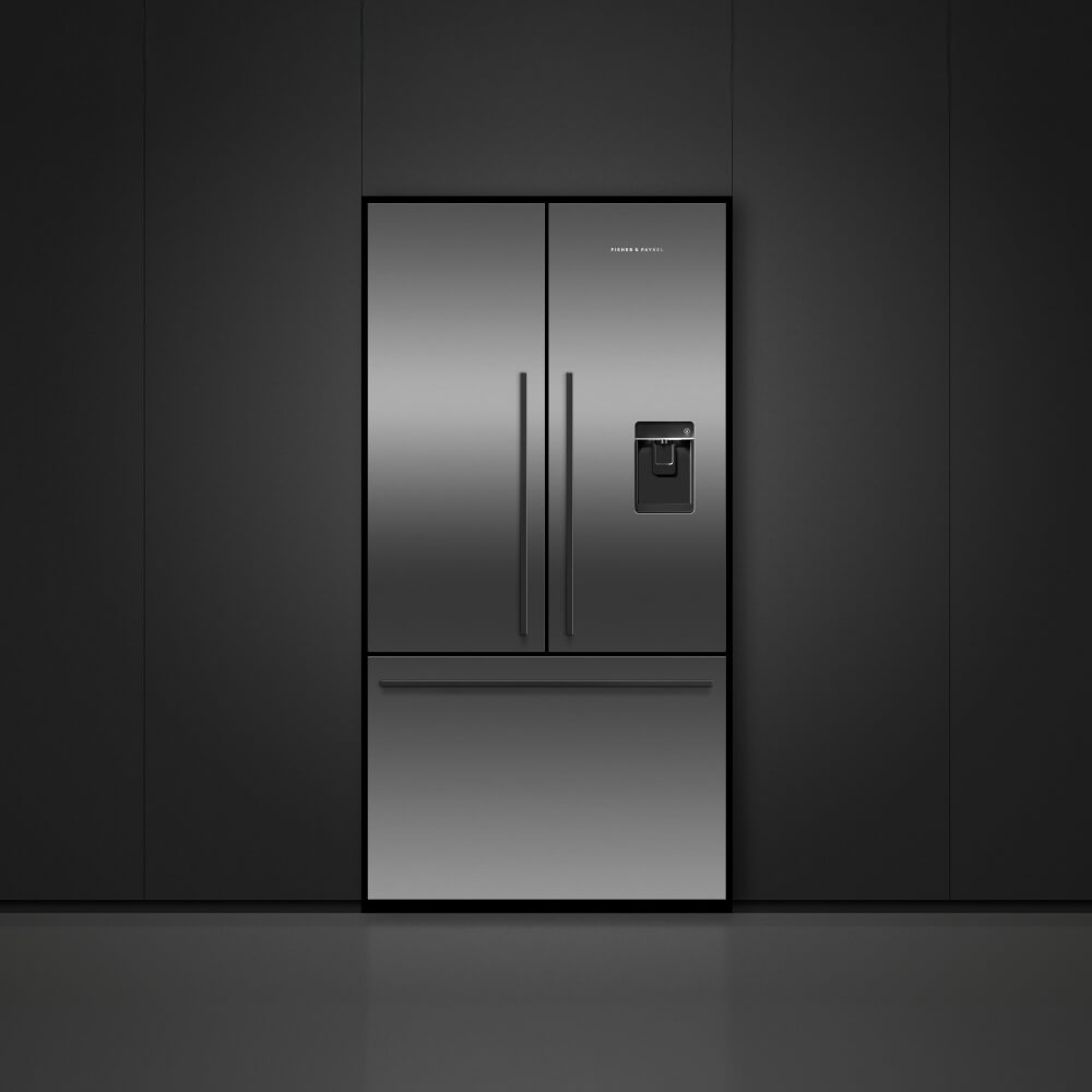 Close up ambient image of a Fisher & Paykel French style fridge freezer