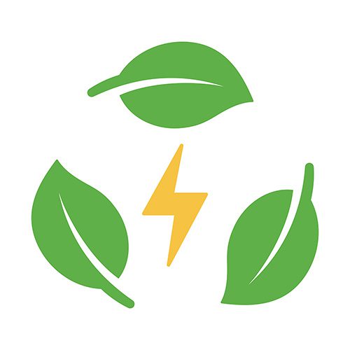 Illustration of three leaves representing the recycling logo, with a lightning strike in the centre to represent electricals