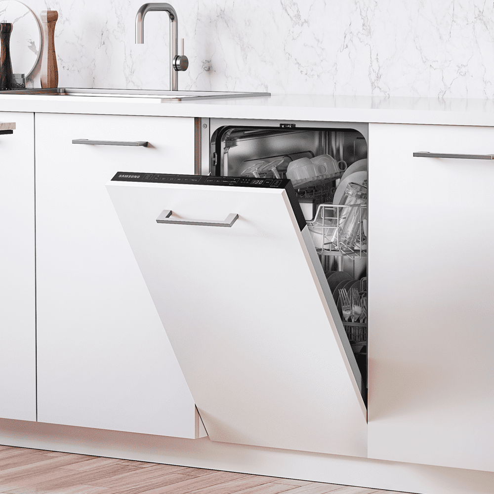 Image of a Samsung fully integrated dishwasher positioned behind white kitchen cabinetry, with the door slightly open.