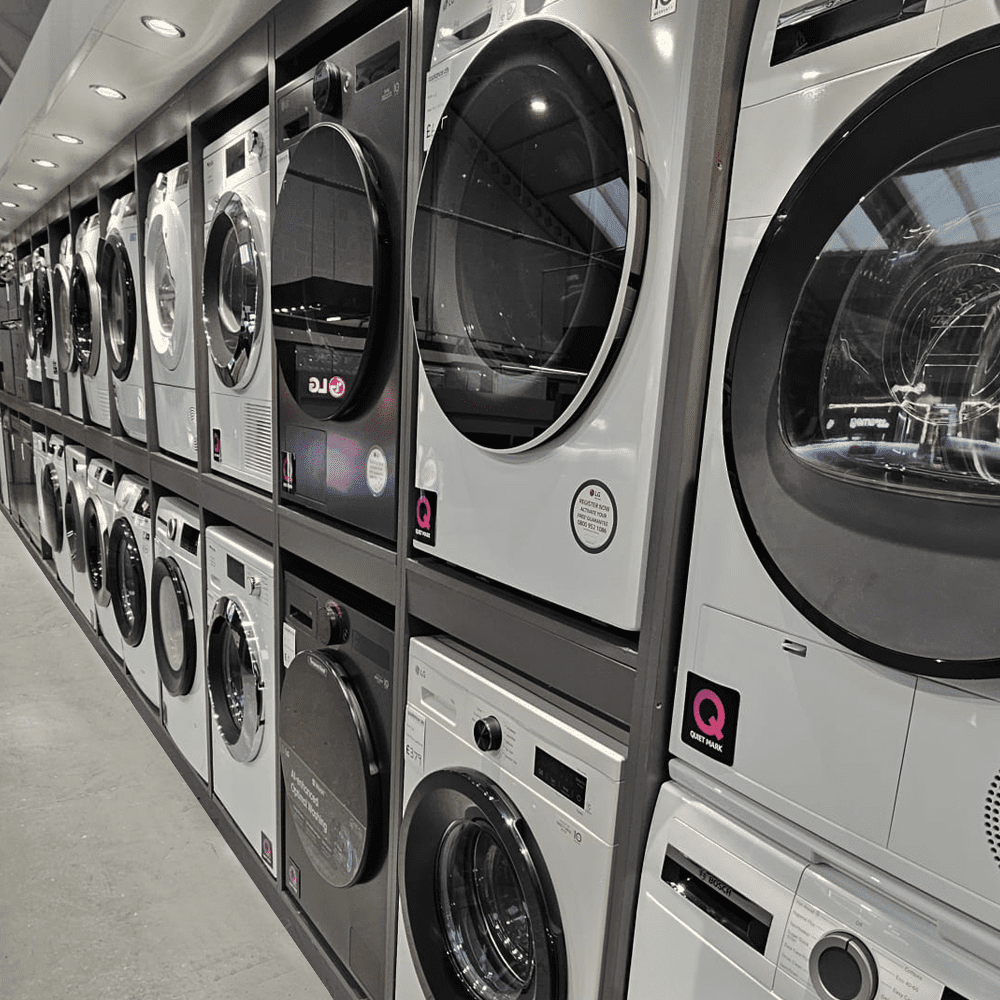 Image of our range of washing machines and tumble dryers on display in the showroom