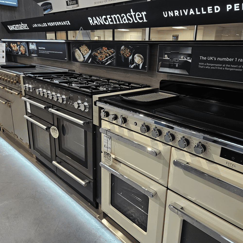 Close up of a selection of Rangemaster range cookers in our showroom