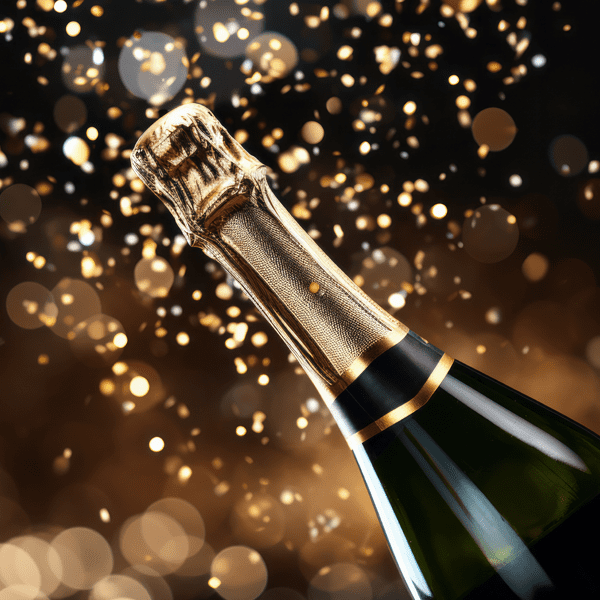 Image of a champagne bottle surrounded by sparkles and glitter