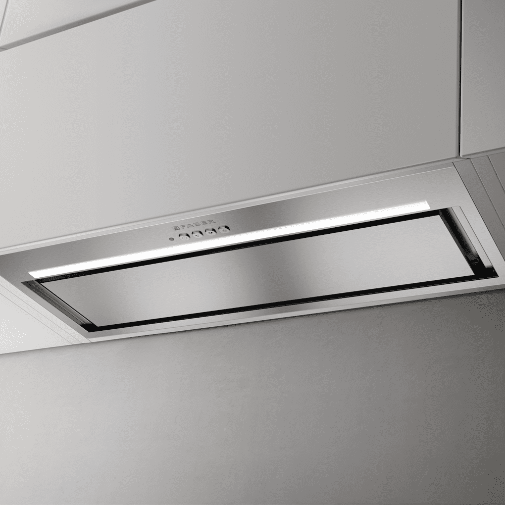Close up of a Faber Inca Lux canopy hood finished in silver