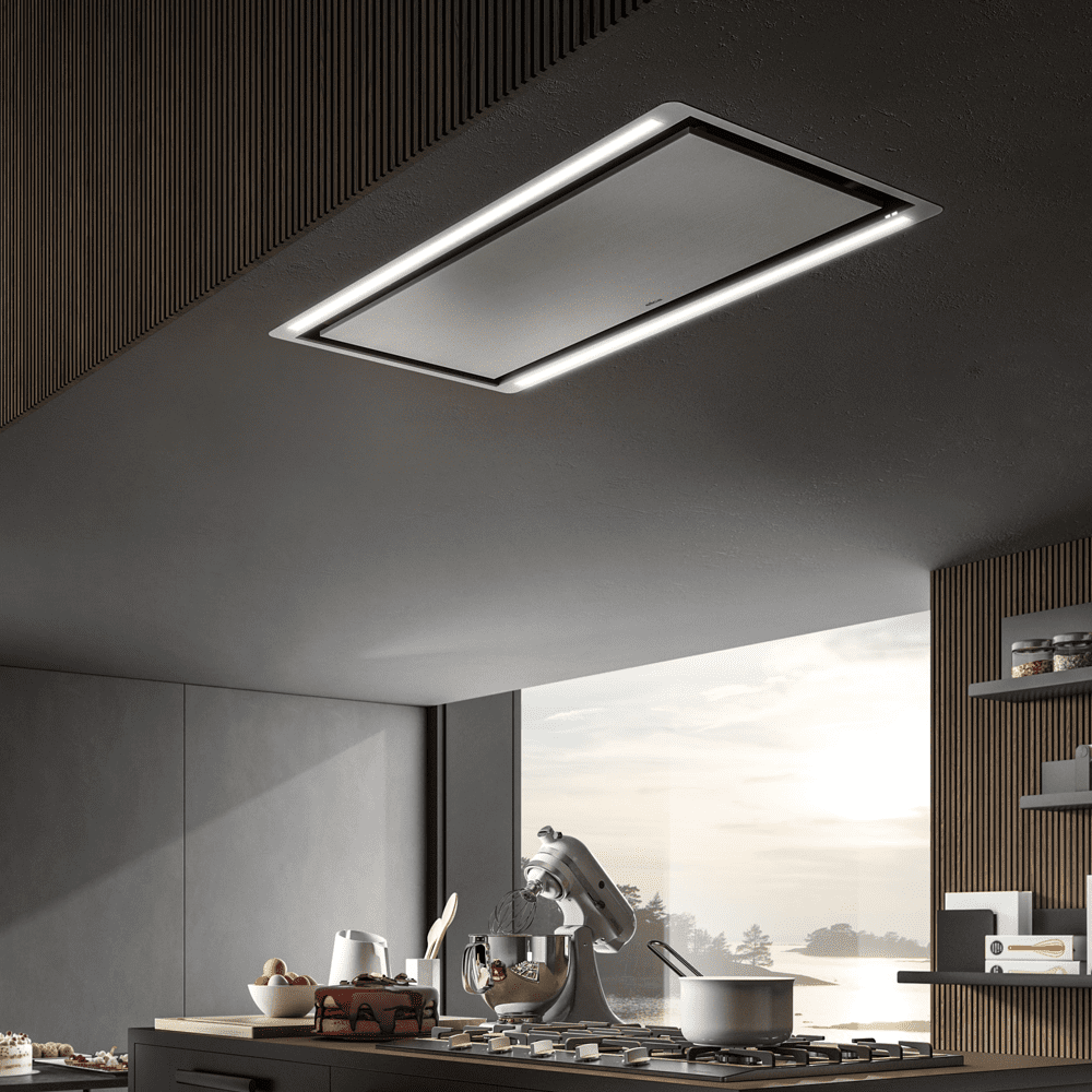 Image of an Elica ceiling hood in a large, open plan kitchen