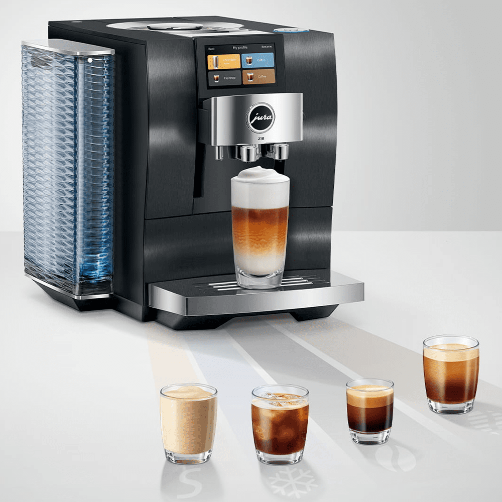 Image of a black freestanding Jura Z10 coffee machine with four different coffees in front of it.
