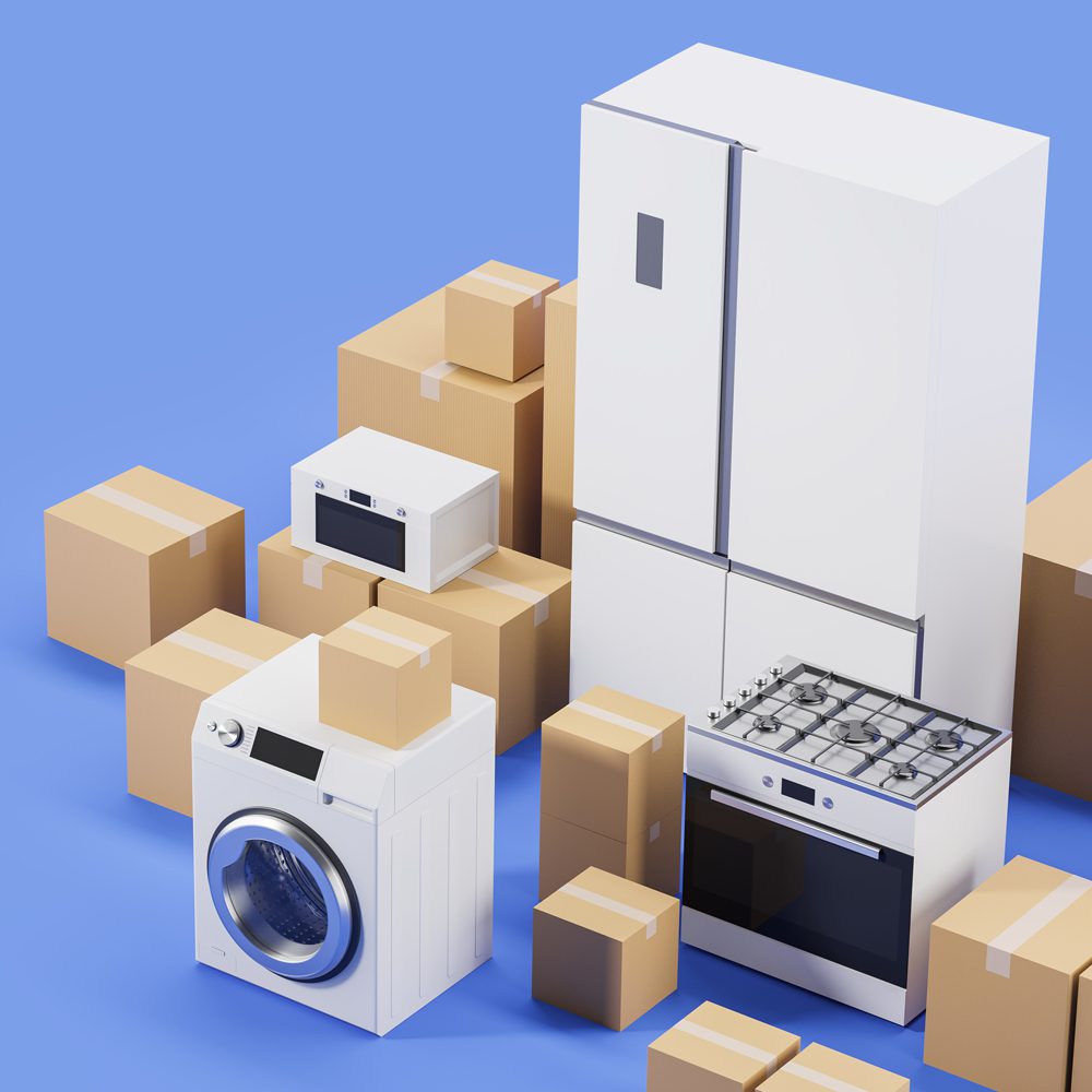 Image of several appliances surrounded by boxes