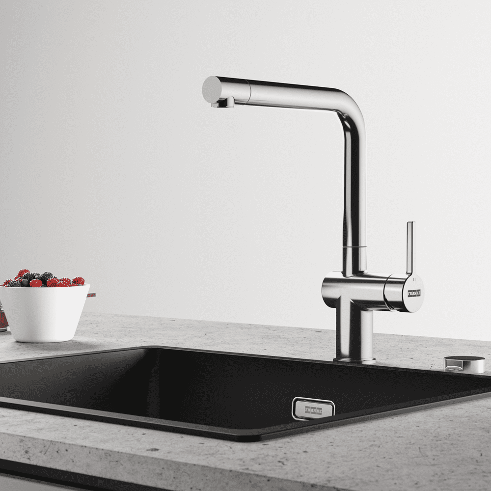 Image of a Franke stainless steel standard tap positioned above a graphite sink.