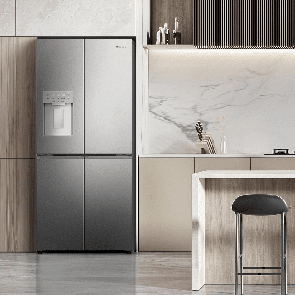 Hisense  79cm PureFlat Four Door Fridge Freezer With Ice & Water Non Plumbed RQ5P470SYID - SILVER