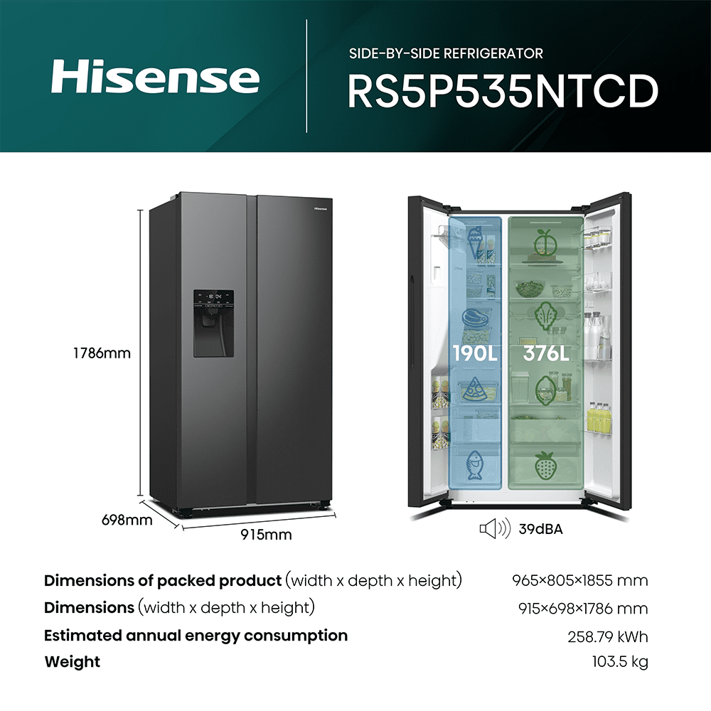 Hisense PureFlat American Fridge Freezer Ice & Water Non-Plumbed RS5P535NTFDUK - BLACK STEEL Hisense PureFlat American Fridge Freezer Ice & Water Non-Plumbed RS5P535NTFDUK - BLACK STEEL