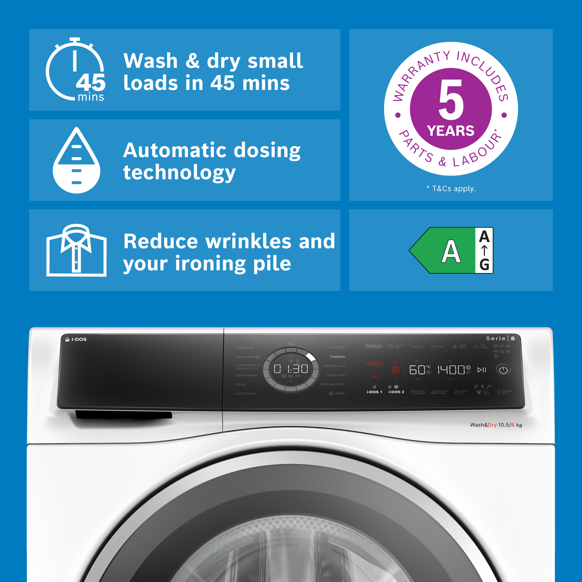 Bosch 10.5kg/6kg Series 8 Washer Dryer WNC25410GB - White Bosch 10.5kg/6kg Series 8 Washer Dryer WNC25410GB - White