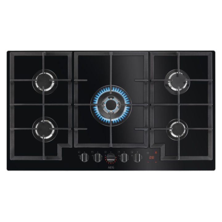 AEG  88cm Series 8000 5 Burner FlameLight Gas On Glass Hob HKB95450NB - Black