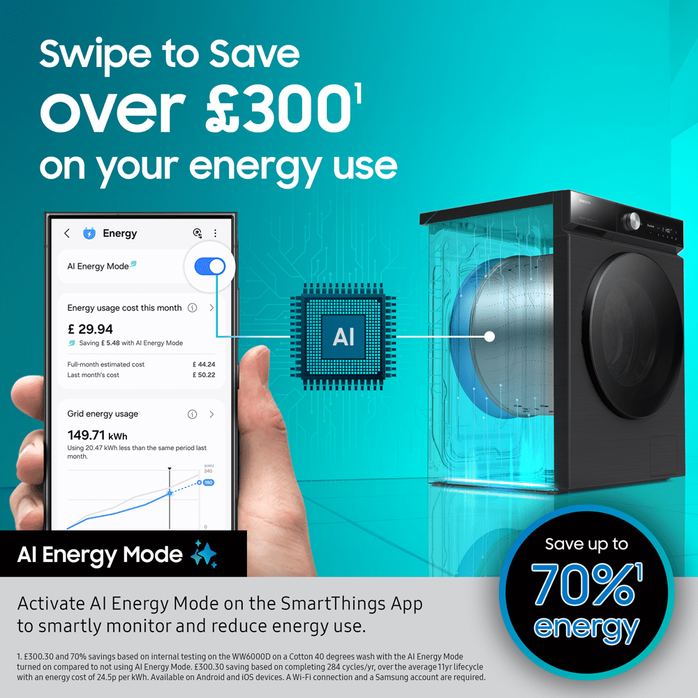 Samsung 9kg Bespoke AI Series 6 AI Energy Ecobubble AutoDose Steam Washing Machine 1400rpm WW90DG6U85LEU1 - White Samsung 9kg Bespoke AI Series 6 AI Energy Ecobubble AutoDose Steam Washing Machine 1400rpm WW90DG6U85LEU1 - White