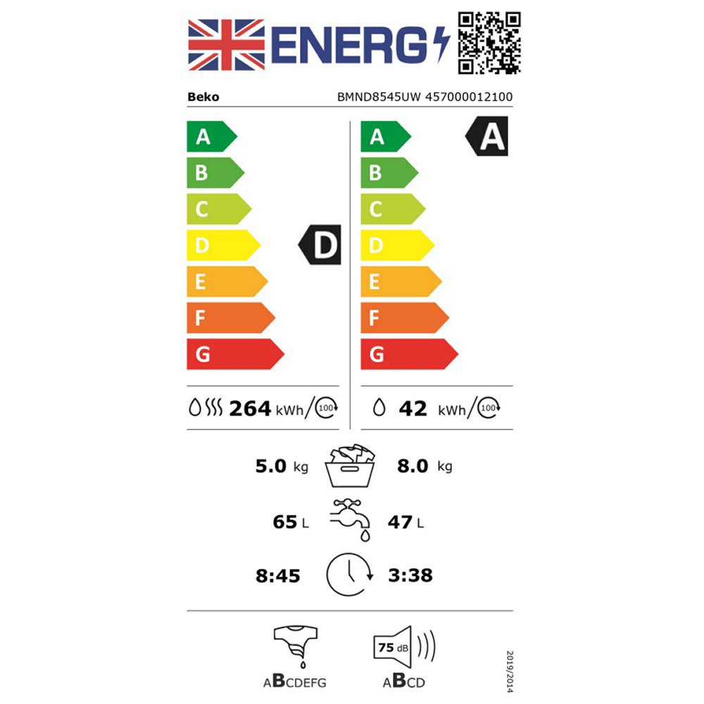 Beko 8kg/5kg Washer Dryer BMND8545UW - White Beko 8kg/5kg Washer Dryer BMND8545UW - White