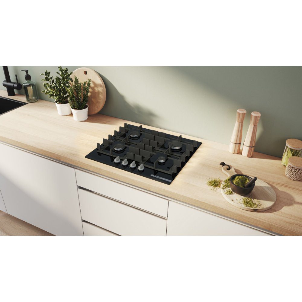 Bosch 60cm Series 4 4 Burner Gas On Glass Hob PNP6B6K40 - Black Bosch 60cm Series 4 4 Burner Gas On Glass Hob PNP6B6K40 - Black