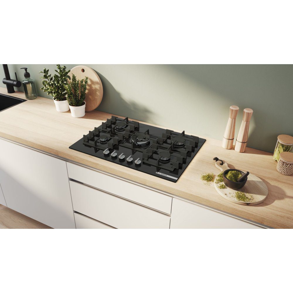 Bosch 75cm Series 6 5 Burner Gas On Glass Hob PPQ7A6I40 - Black Bosch 75cm Series 6 5 Burner Gas On Glass Hob PPQ7A6I40 - Black