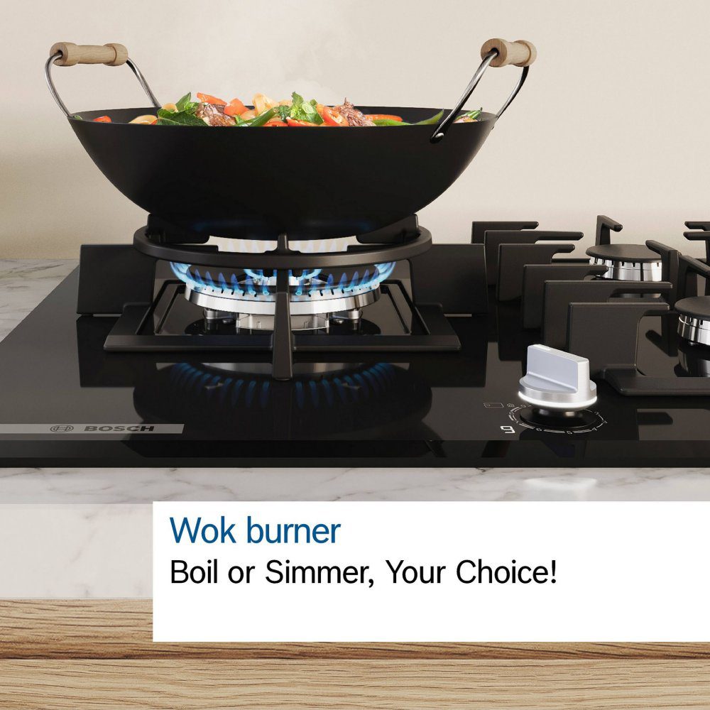 Bosch 75cm Series 6 5 Burner Gas On Glass Hob PPQ7A6I40 - Black Bosch 75cm Series 6 5 Burner Gas On Glass Hob PPQ7A6I40 - Black