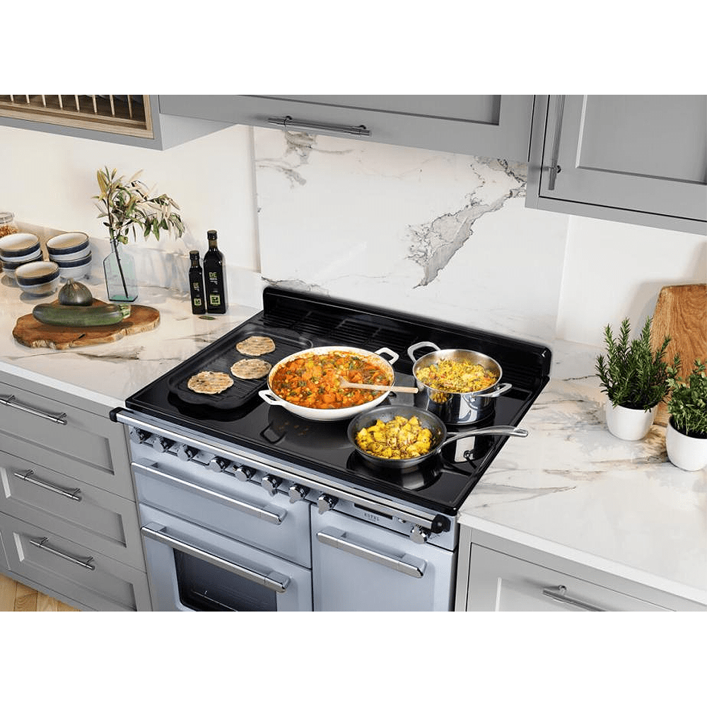 Rangemaster Estel Deluxe 90cm Induction Range Cooker With Antique Brass Trim 18057 ESDL90EIPMSB/AB1 - Misty Blue Rangemaster Estel Deluxe 90cm Induction Range Cooker With Antique Brass Trim 18057 ESDL90EIPMSB/AB1 - Misty Blue
