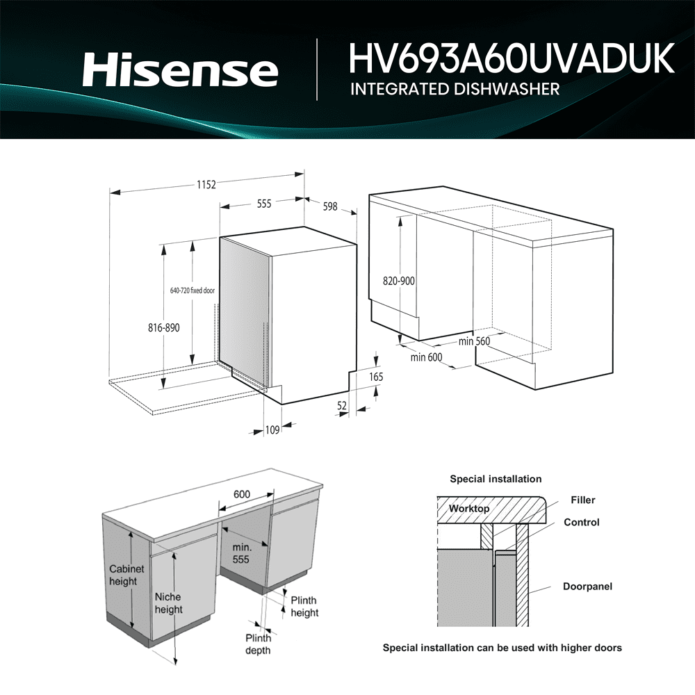 Hisense 60cm Fully Integrated Auto Dose UltraViolet Clean Dishwasher HV693A60UVADUK Hisense 60cm Fully Integrated Auto Dose UltraViolet Clean Dishwasher HV693A60UVADUK