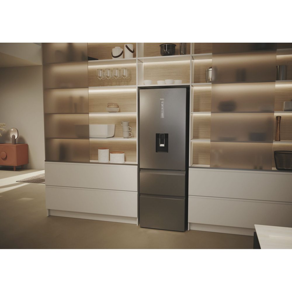 Haier 60cm Series 5 Frost Free Fridge Freezer With Water Dispenser HTW5618DWMG - Stainless Steel Haier 60cm Series 5 Frost Free Fridge Freezer With Water Dispenser HTW5618DWMG - Stainless Steel