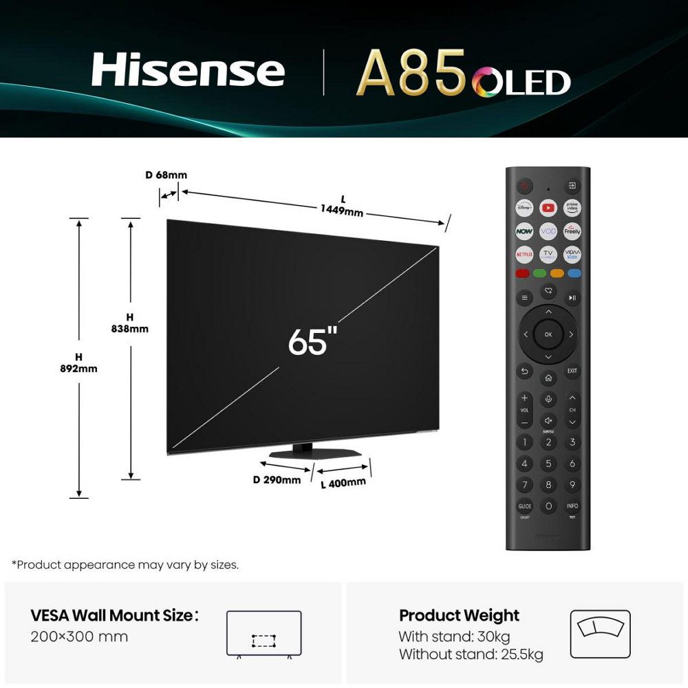 Hisense 2025 65" OLED 4K Smart TV 65A85QTUK - Black Hisense 2025 65" OLED 4K Smart TV 65A85QTUK - Black