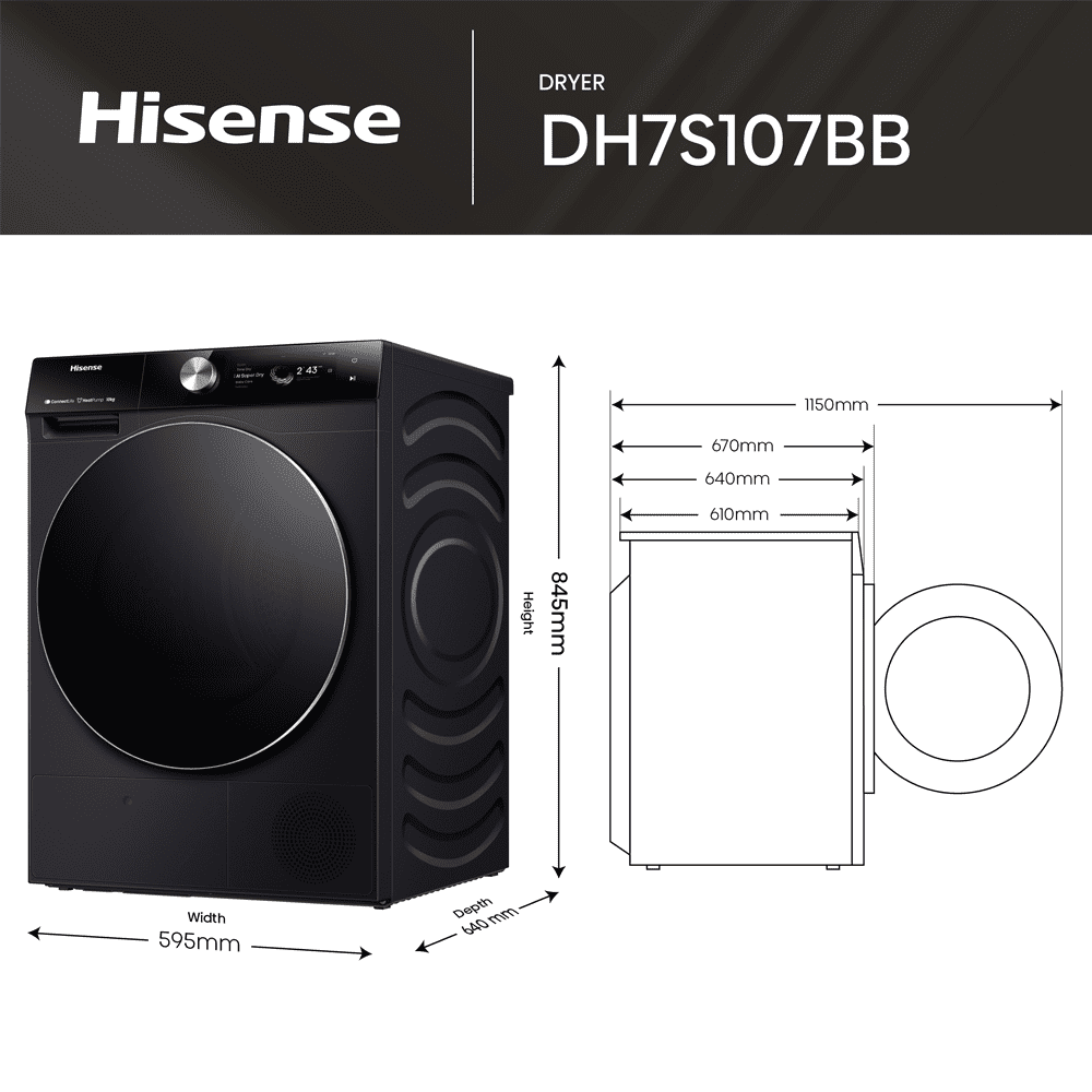 Hisense 7 Series 10kg 7S Series Heat Pump Condenser Tumble Dryer DH7S107BB - Black Hisense 7 Series 10kg 7S Series Heat Pump Condenser Tumble Dryer DH7S107BB - Black