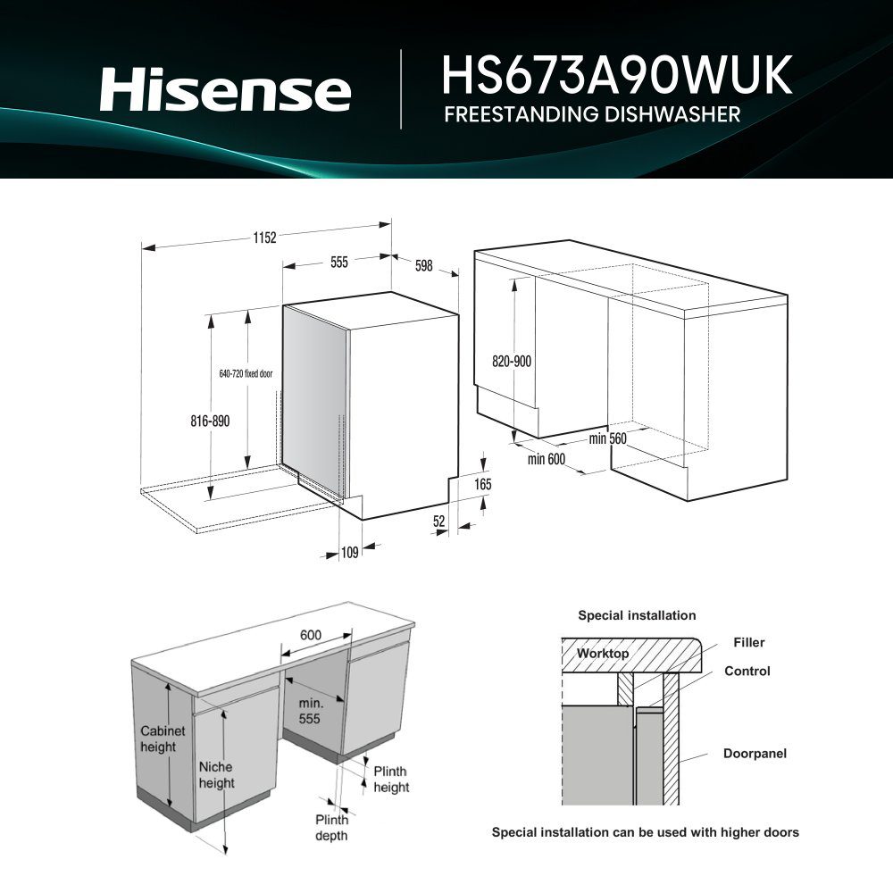 Hisense 60cm Freestanding Dishwasher HS673A90WUK - White Hisense 60cm Freestanding Dishwasher HS673A90WUK - White