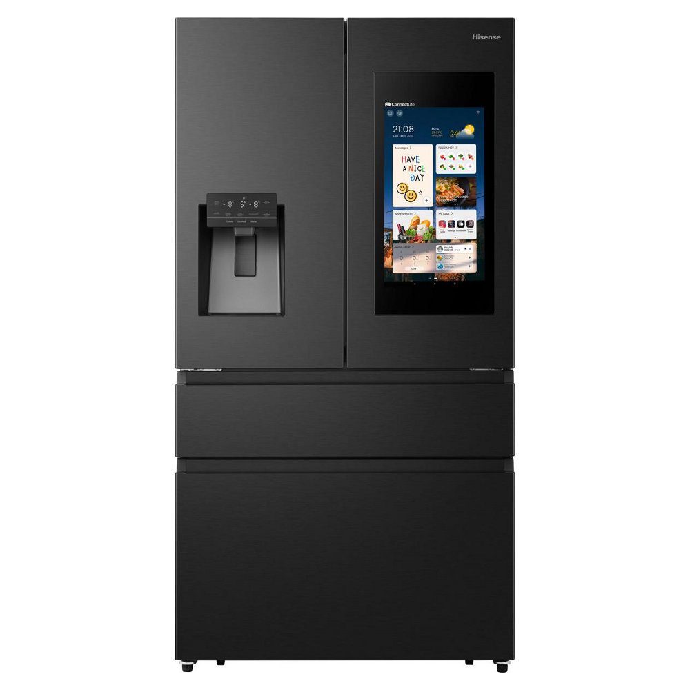 Hisense  PureFlat Smart Screen French Style Freezer With Ice & Water Non Plumbed RF9P490GTFE - Black Steel
