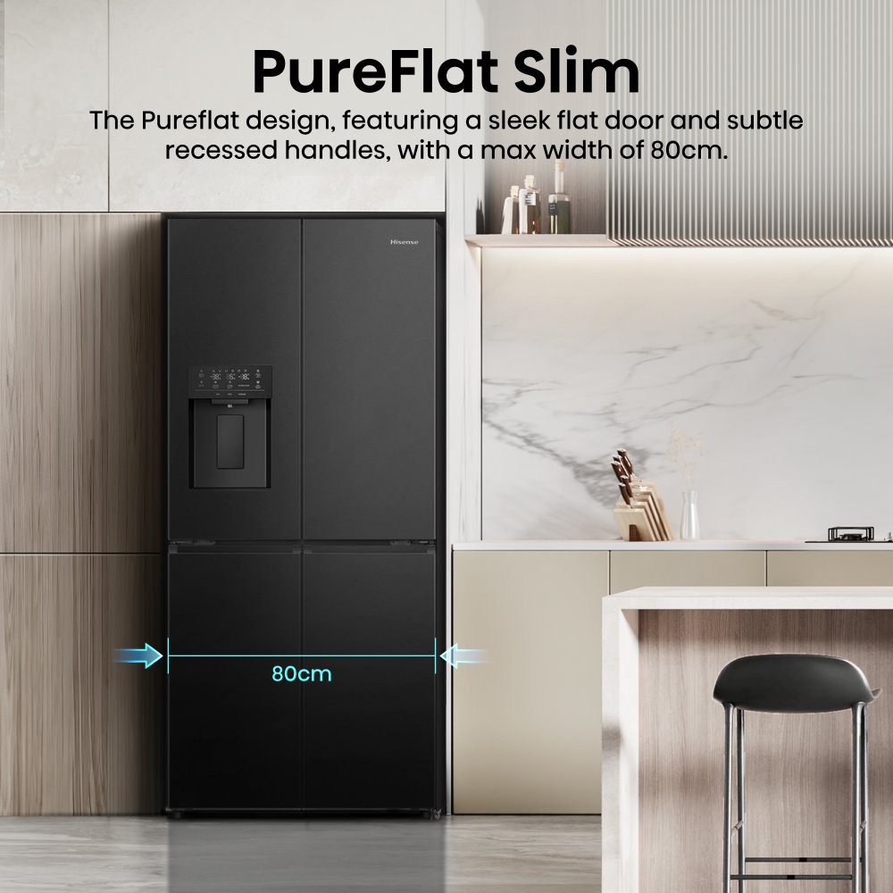 Hisense 79cm PureFlat Four Door Fridge Freezer Ice & Water Non Plumbed RQ5P470SYFD - Black Hisense 79cm PureFlat Four Door Fridge Freezer Ice & Water Non Plumbed RQ5P470SYFD - Black