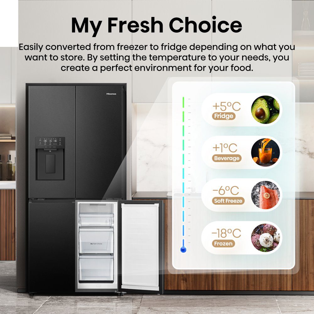 Hisense 79cm PureFlat Four Door Fridge Freezer Ice & Water Non Plumbed RQ5P470SYFD - Black Hisense 79cm PureFlat Four Door Fridge Freezer Ice & Water Non Plumbed RQ5P470SYFD - Black