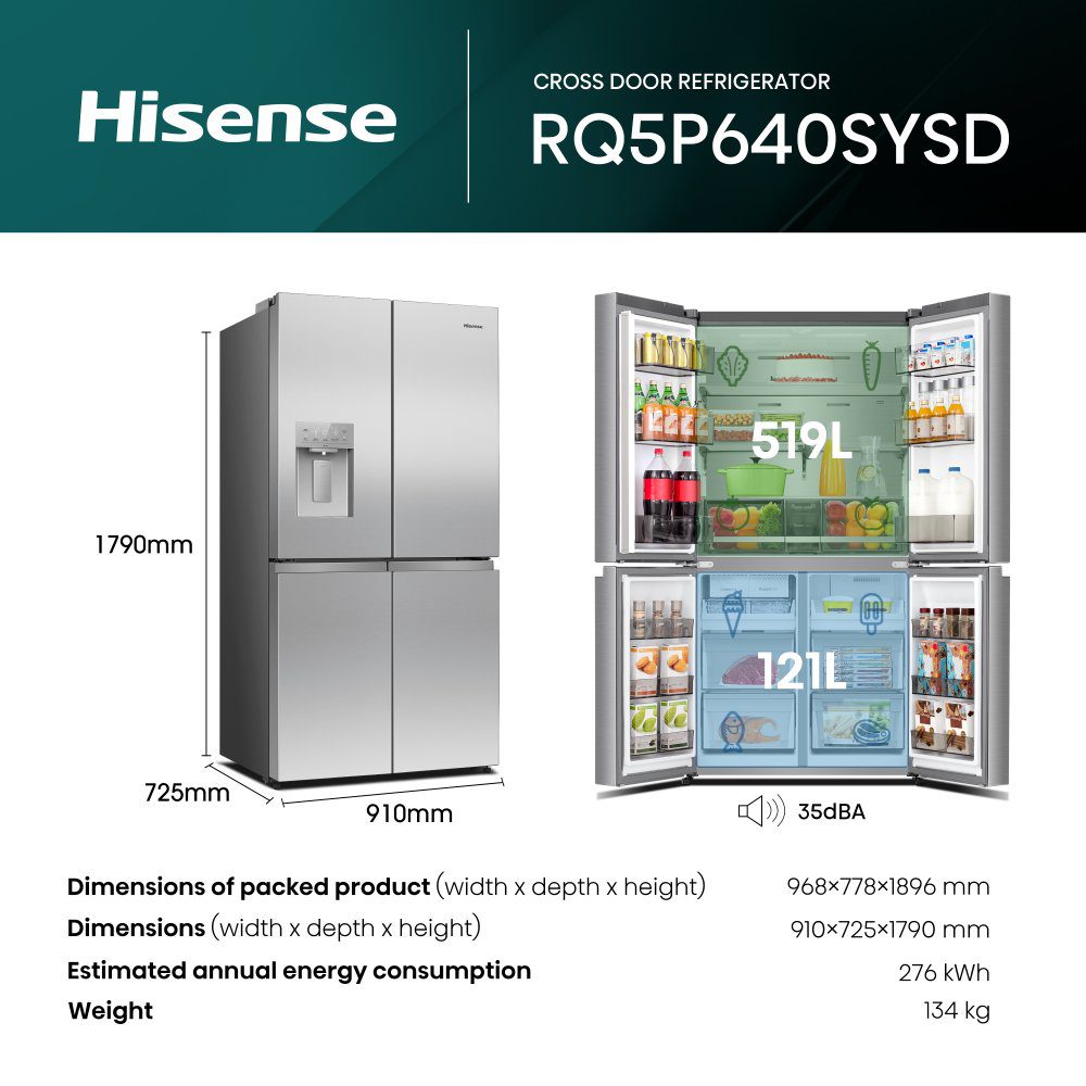 Hisense PureFlex Four Door Fridge Freezer Ice & Water Non Plumbed RQ5P640SYSD - Stainless Steel Hisense PureFlex Four Door Fridge Freezer Ice & Water Non Plumbed RQ5P640SYSD - Stainless Steel