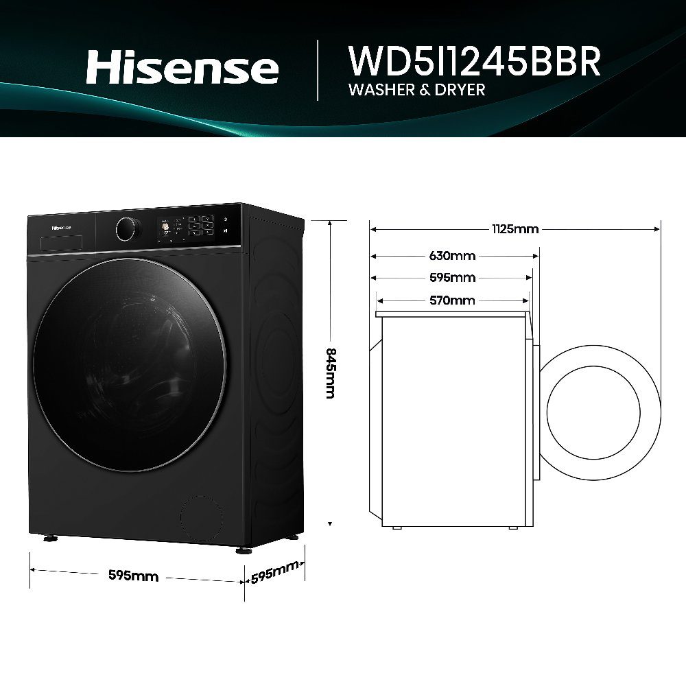 Hisense 12kg/8kg 5i Series Autodose WiFi Washer Dryer WD5I1245BBR - Black Hisense 12kg/8kg 5i Series Autodose WiFi Washer Dryer WD5I1245BBR - Black