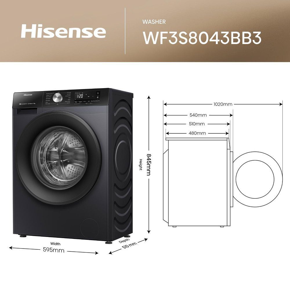 Hisense 8kg 3S Series Washing Machine 1400rpm WF3S8043BB3 - Black Hisense 8kg 3S Series Washing Machine 1400rpm WF3S8043BB3 - Black