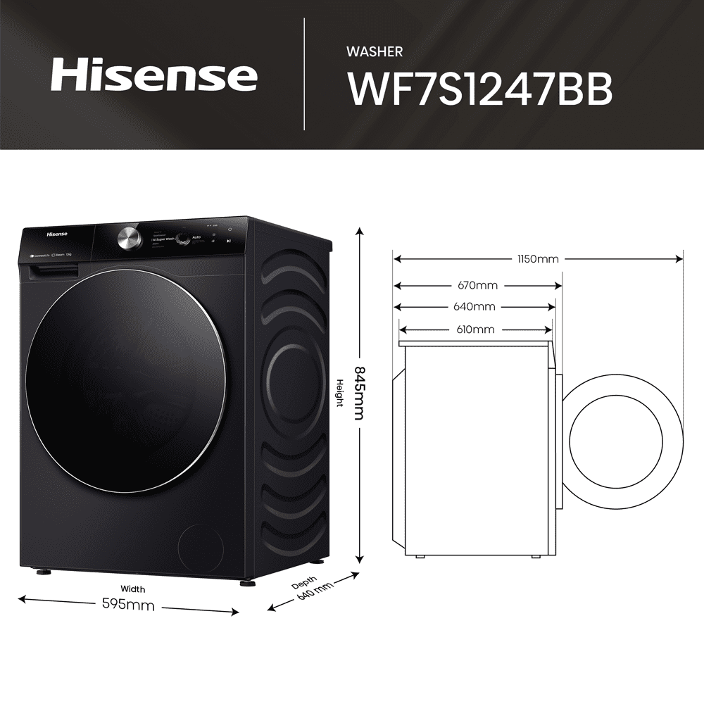 Hisense 12kg 7S Series Autodose Washing Machine 1400rpm WF7S1247BB - Black Hisense 12kg 7S Series Autodose Washing Machine 1400rpm WF7S1247BB - Black