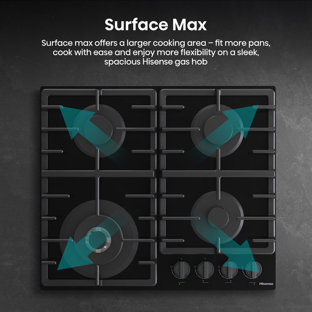 Hisense 60cm 4 Burner Gas On Glass Hob GG663BHF - Black Hisense 60cm 4 Burner Gas On Glass Hob GG663BHF - Black