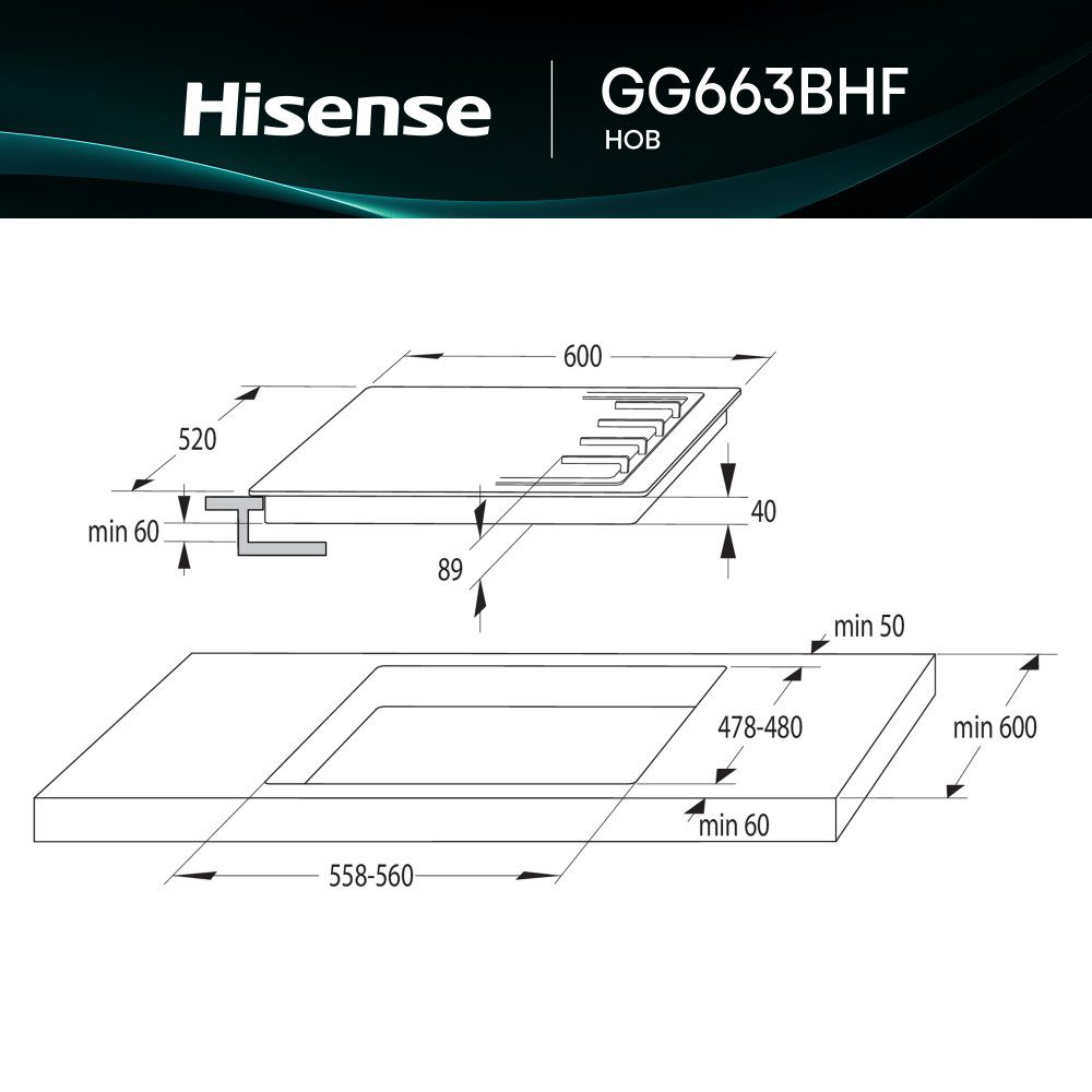 Hisense 60cm 4 Burner Gas On Glass Hob GG663BHF - Black Hisense 60cm 4 Burner Gas On Glass Hob GG663BHF - Black