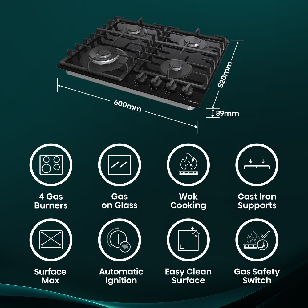 Hisense 60cm 4 Burner Gas On Glass Hob GG663BHF - Black Hisense 60cm 4 Burner Gas On Glass Hob GG663BHF - Black
