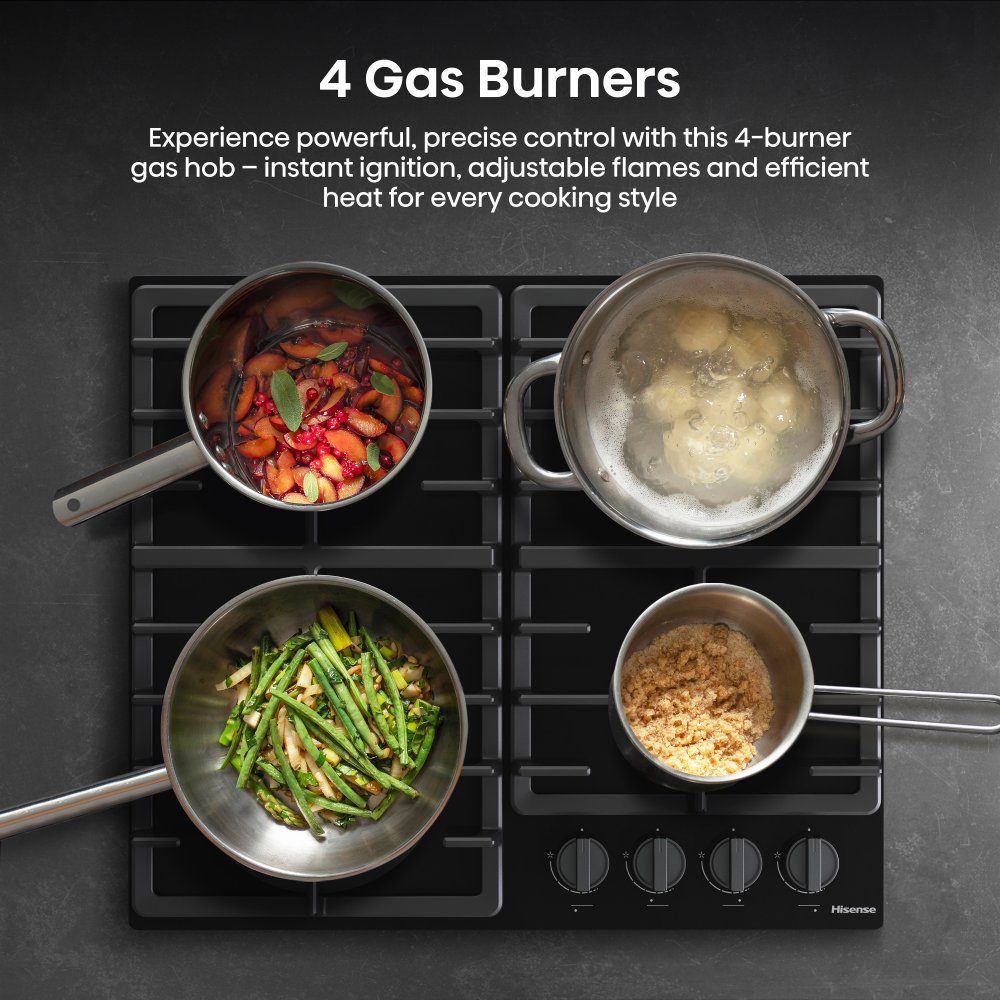 Hisense 60cm 4 Burner Gas On Glass Hob GG663BHF - Black Hisense 60cm 4 Burner Gas On Glass Hob GG663BHF - Black