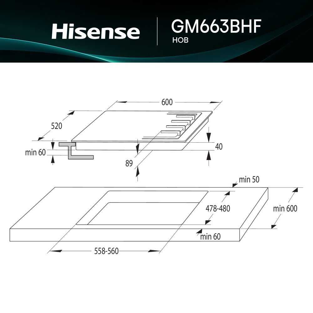 Hisense 60cm 4 Burner Gas Hob GM663BHF - Black Hisense 60cm 4 Burner Gas Hob GM663BHF - Black