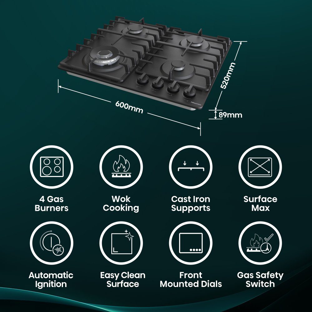 Hisense 60cm 4 Burner Gas Hob GM663BHF - Black Hisense 60cm 4 Burner Gas Hob GM663BHF - Black