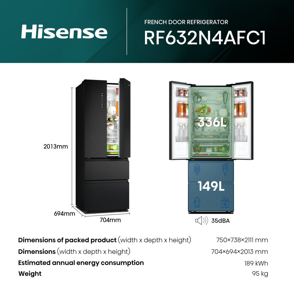 Hisense 70cm Frost Free Fridge Freezer RF632N4AFC1 - Black Hisense 70cm Frost Free Fridge Freezer RF632N4AFC1 - Black