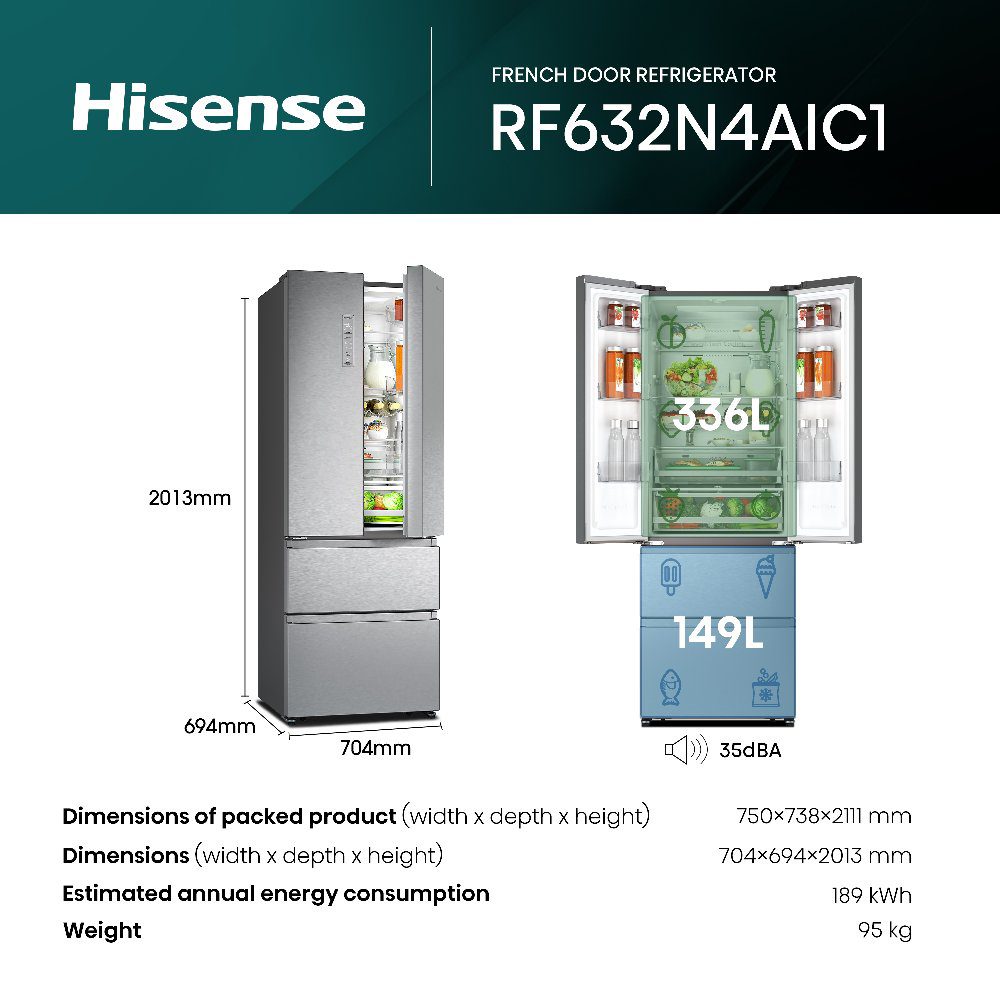Hisense 70cm Frost Free Fridge Freezer RF632N4AIC1 - Silver Hisense 70cm Frost Free Fridge Freezer RF632N4AIC1 - Silver