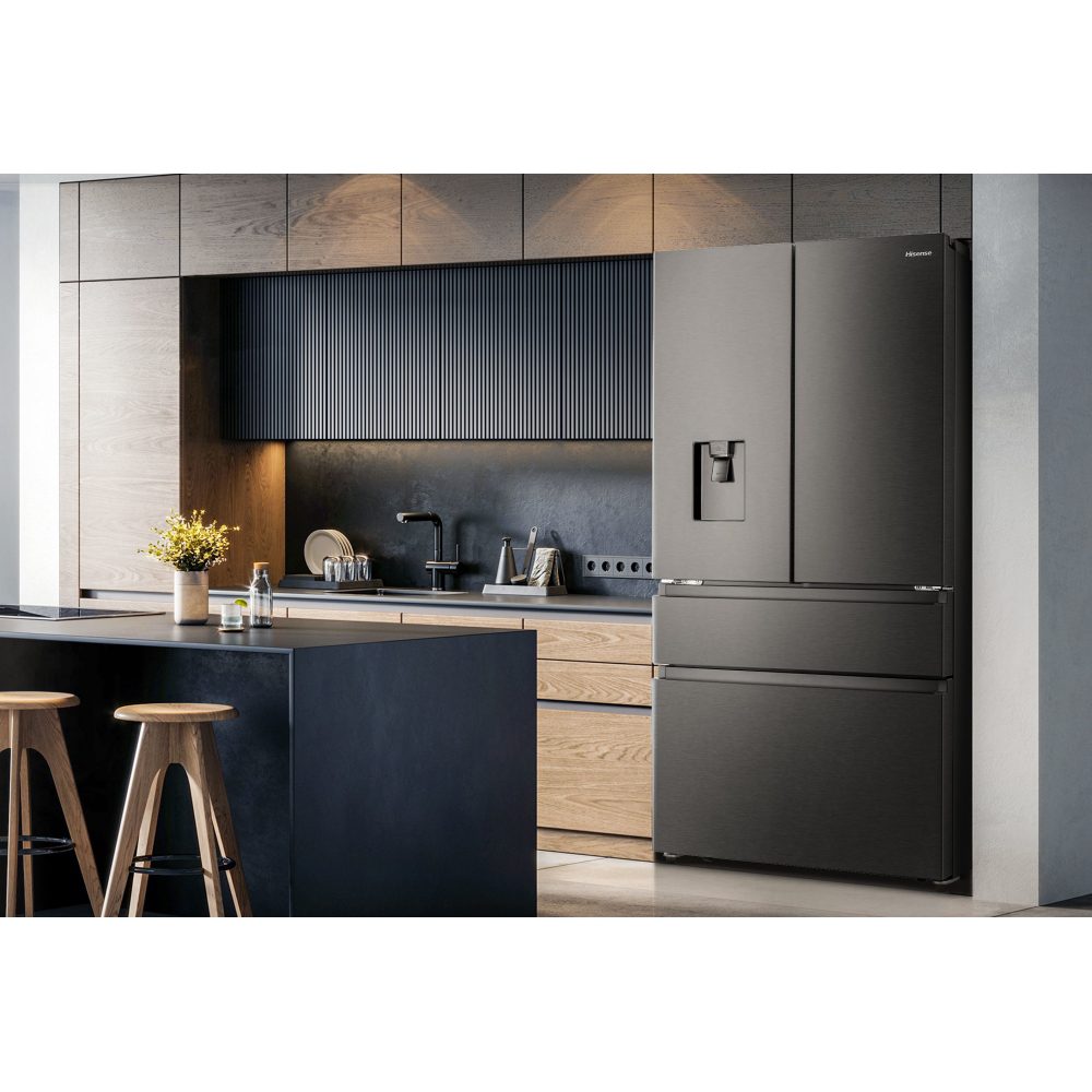Hisense PureFlat French Style Fridge Freezer With Water Dispenser Non Plumbed RF749N4SWFE - BLACK STEEL Hisense PureFlat French Style Fridge Freezer With Water Dispenser Non Plumbed RF749N4SWFE - BLACK STEEL