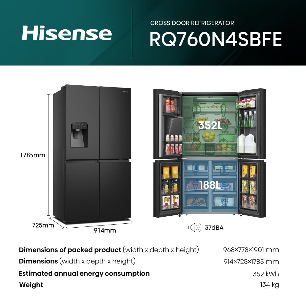 Hisense PureFlat Four Door Fridge Freezer With Ice & Water Non-Plumbed RQ760N4SBFE - Black Steel Hisense PureFlat Four Door Fridge Freezer With Ice & Water Non-Plumbed RQ760N4SBFE - Black Steel