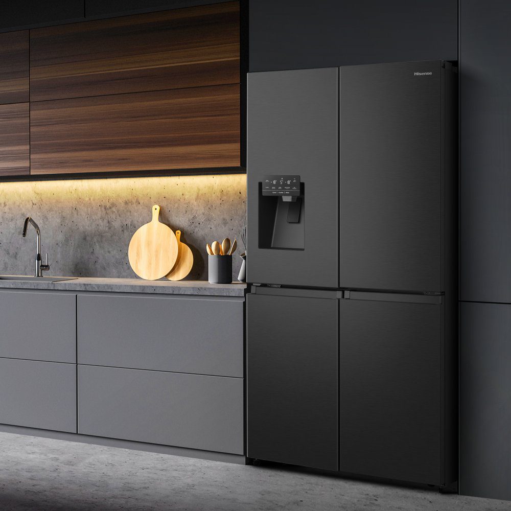 Hisense PureFlat Four Door Fridge Freezer With Ice & Water Non-Plumbed RQ760N4SBFE - Black Steel Hisense PureFlat Four Door Fridge Freezer With Ice & Water Non-Plumbed RQ760N4SBFE - Black Steel