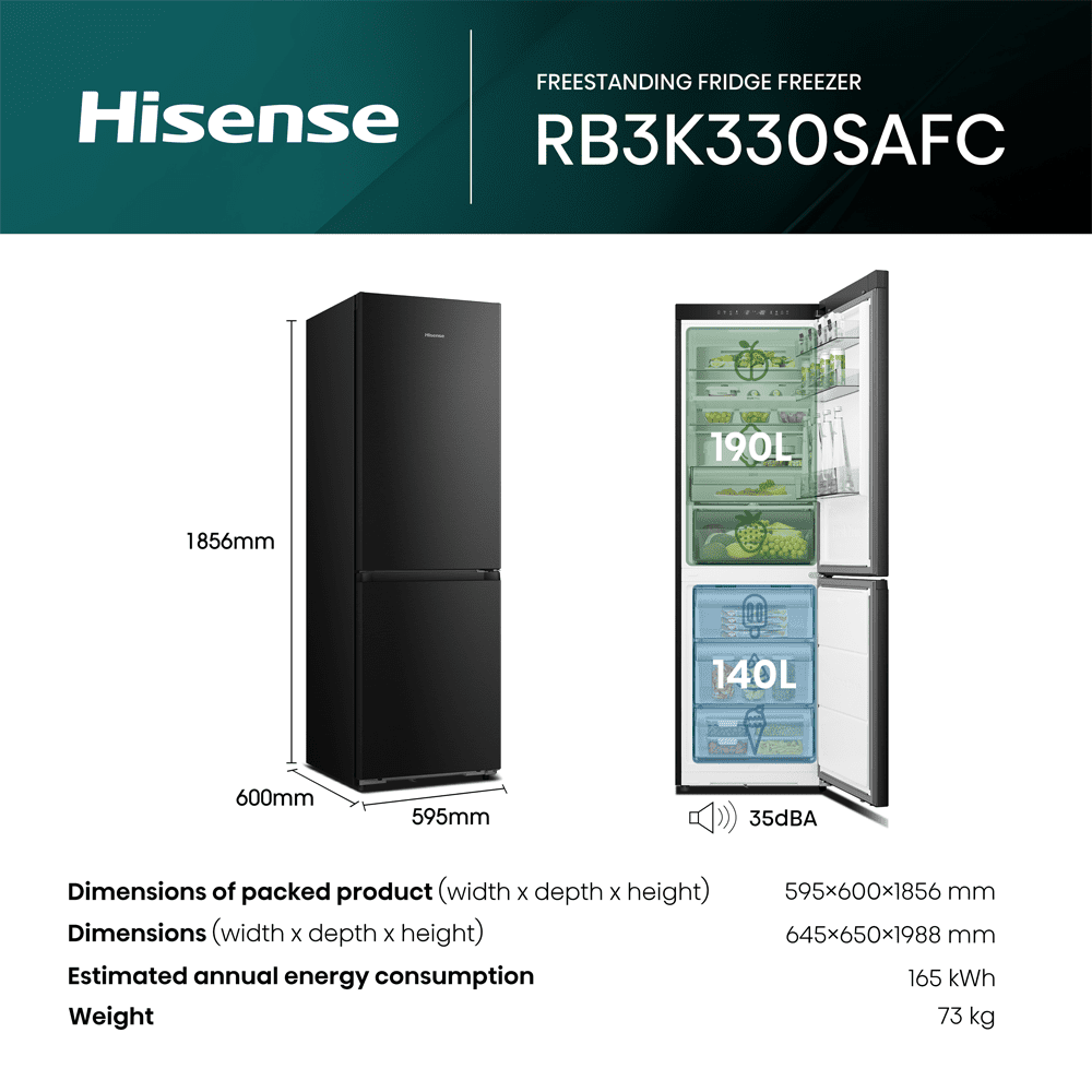 Hisense 60cm KitchenFit Frost Free Fridge Freezer RB3K330SAFC - Black Hisense 60cm KitchenFit Frost Free Fridge Freezer RB3K330SAFC - Black
