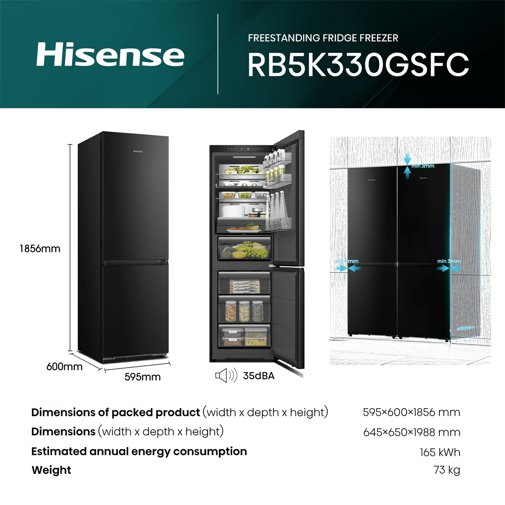 Hisense 60cm Frost Free KitchenFit Fridge Freezer RB5K330GSFC - Black Steel Hisense 60cm Frost Free KitchenFit Fridge Freezer RB5K330GSFC - Black Steel