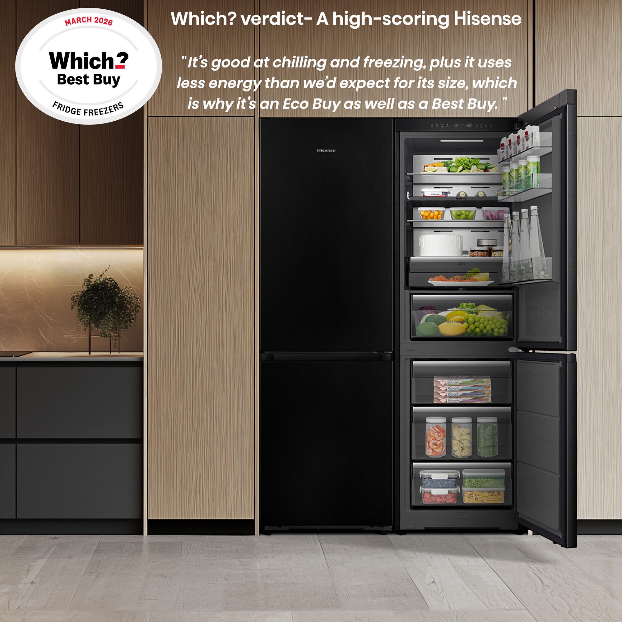 Hisense 60cm Frost Free KitchenFit Fridge Freezer RB5K330GSFC - Black Steel Hisense 60cm Frost Free KitchenFit Fridge Freezer RB5K330GSFC - Black Steel